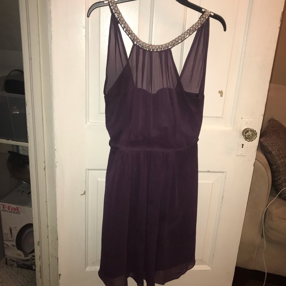David’s Bridal Plum chiffon dress, beaded neckline